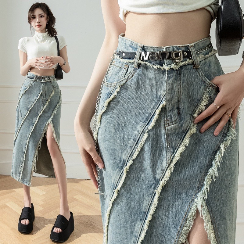 Chân váy jeans xẻ tua rua hàng QCL1