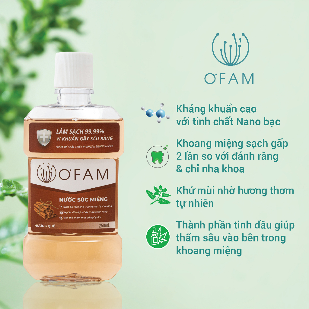 Nước súc miệng O'Fam 250ml ngừa viêm nướu, loại sạch mảng bám, mang lại hơi thở thơm mát tự nhiên