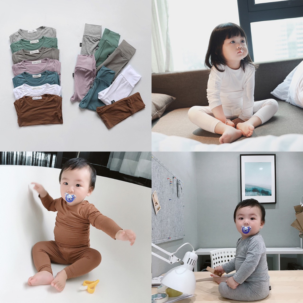 Bộ ngủ dài tay thu đông cho bé trai và bé gái, bộ quần áo dài mặc nhà trơn màu chất liệu thun tăm cho bé 0-3 tuổi