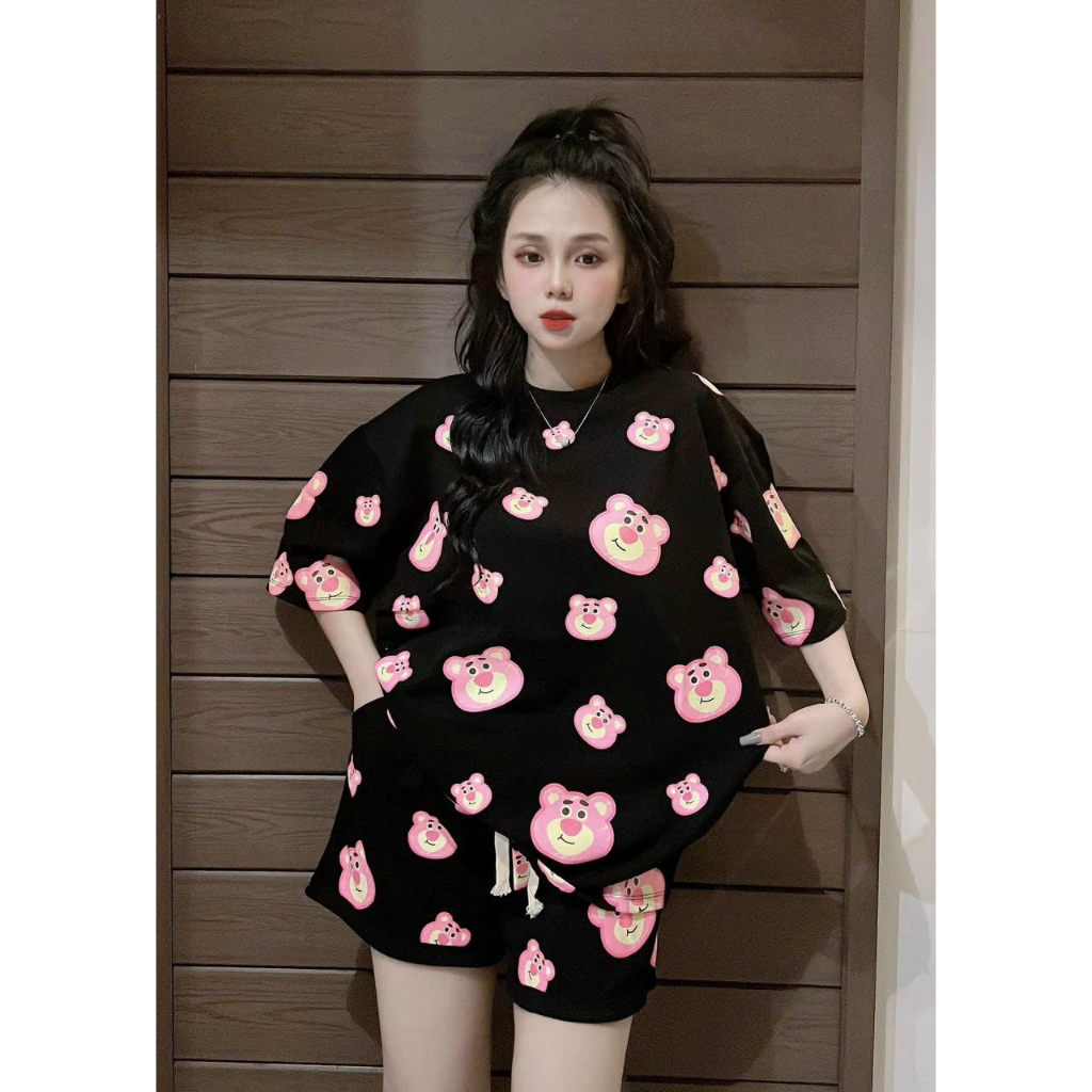 Set bộ đồ in hình 3D gấu dâu áo from rộng mix quần short ngắn siêu xinh,dễ thương,đồ bộ mặc nhà thun lạnh thoáng mát MTB