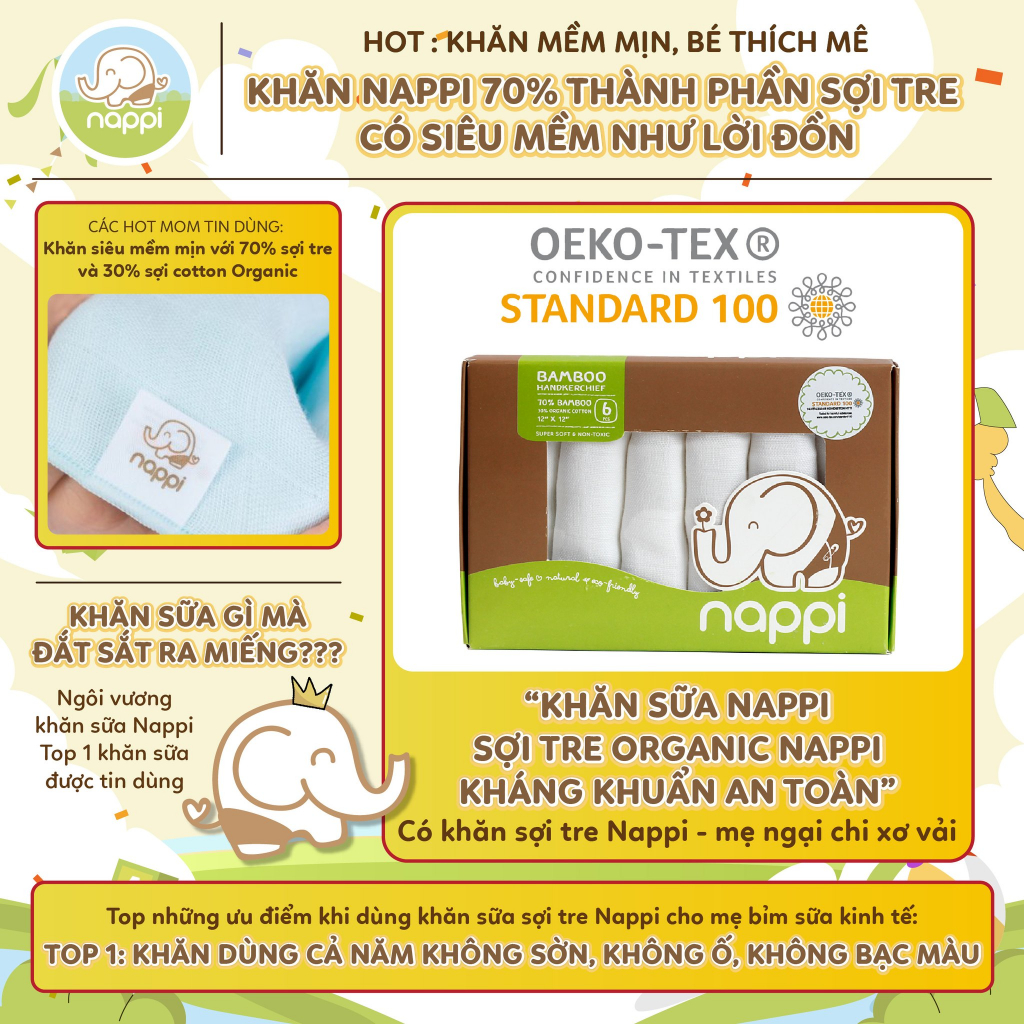 Khăn Sữa Sợi Tre Nappi Organic Cao Cấp Mềm Mịn Cho Bé Hộp 6 Chiếc