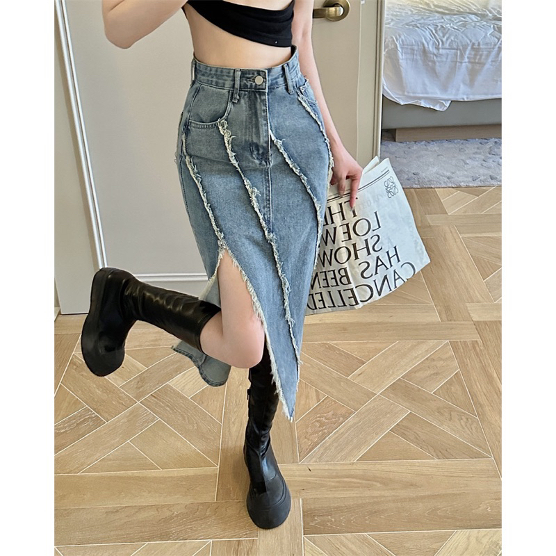Chân váy jeans xẻ tua rua hàng QCL1