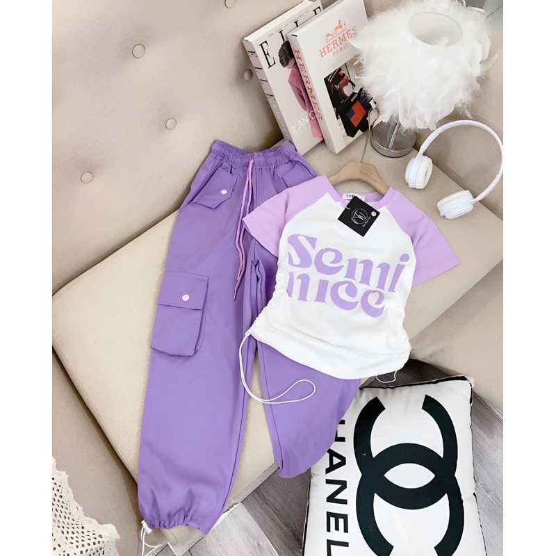 Sét Áo Cotton Chữ Quần Kaki Túi Hộp Bé Gái 19-50kg