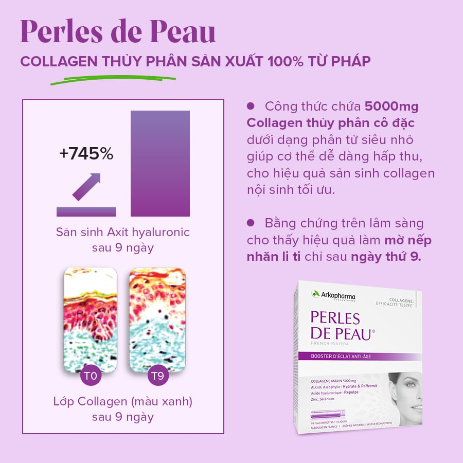 Nước uống Collagen cô đặc 5000mg chống lão hóa, mờ nếp nhăn Arkopharma Perles de Peau