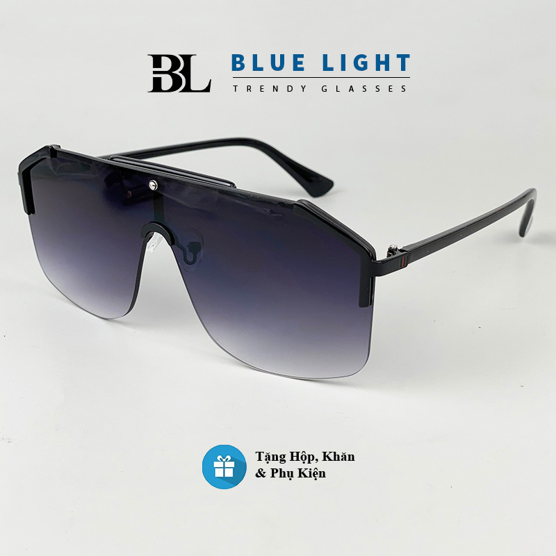 Kính Râm, Kính Mát Nam Nữ Mắt Vuông To Liền Mắt Tráng Gương Bạc, Full Đen, Chống Tia UV - BLUE LIGHT