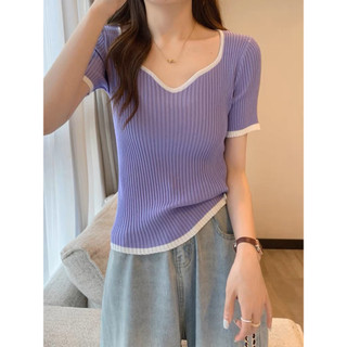 Áo len tăm cộc tay, cổ tim