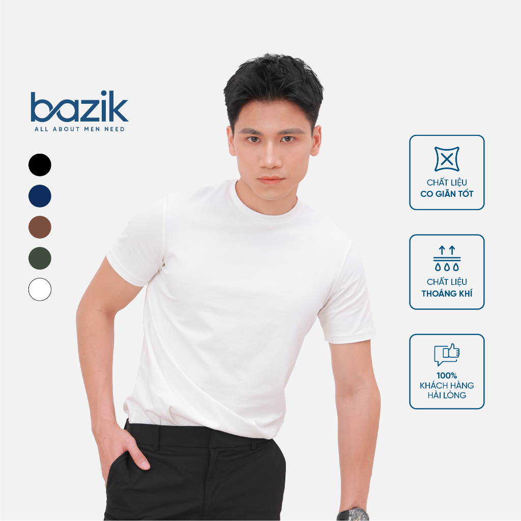 Áo Thun Nam trơn cổ tròn Bazik chất liệu AiryCott Premium form slimfit co giãn 4 chiều thoải mái, trẻ trung