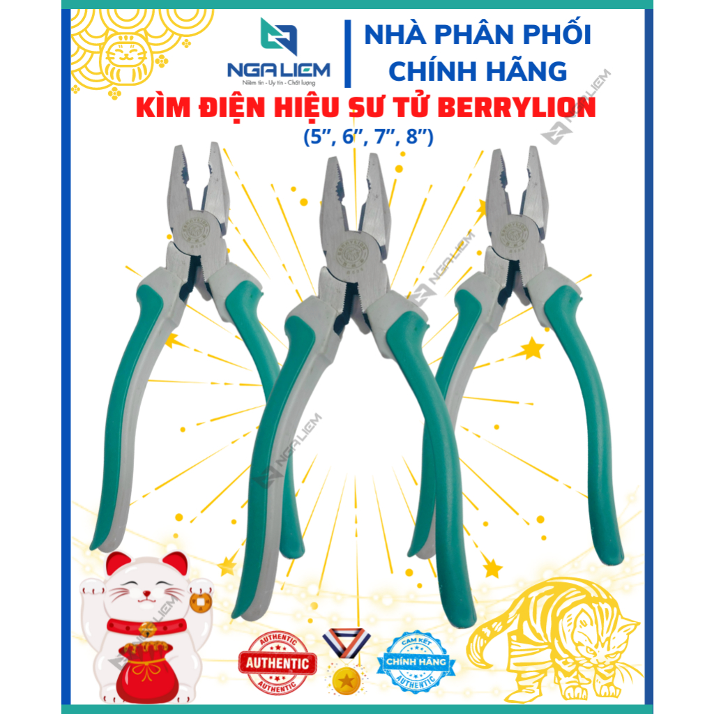Kìm điện hiệu Sư Tử Berrylion; bấm dây, cắt dây, tuốt (vỏ dây điện), uốn dây, ... size 5”, 6”, 7”, 8” [Hàng chính hãng]