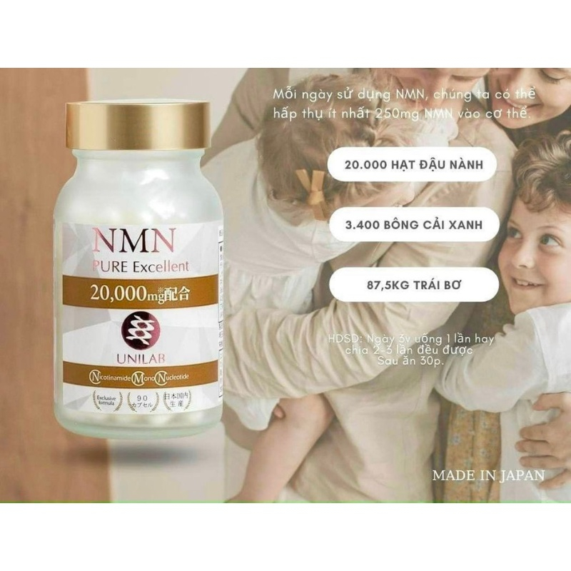 Viên uống NMN 20000 Unilab Pure Excellent hỗ trợ sức khoẻ Set 2 lọ x 90 viên