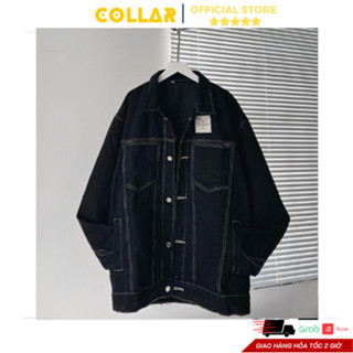 Áo khoác jeans COLLAR form rộng dài tay chỉ nổi siêu xinh, Áo khoác bò denim jackets màu đen phối túi hộp trước ngực