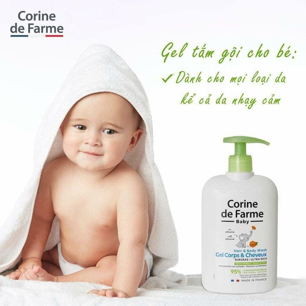 Gel gội và tắm corine de farme dành cho bé da nhạy cảm kể cả bé sơ sinh 500ml