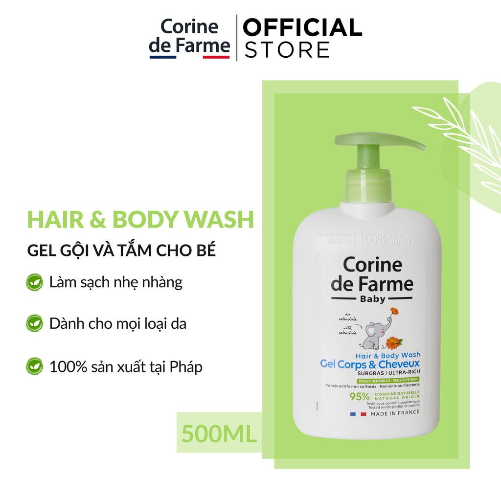 Gel gội và tắm corine de farme dành cho bé da nhạy cảm kể cả bé sơ sinh 500ml