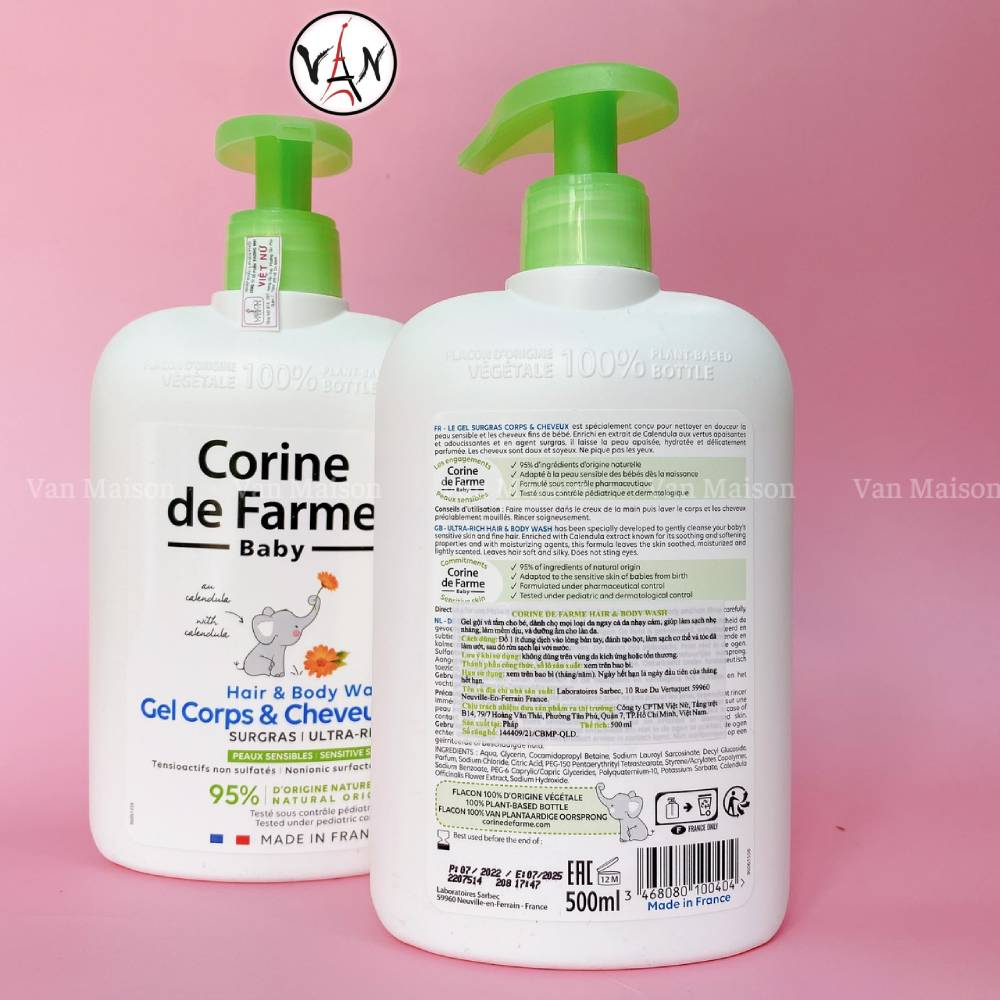 Gel gội và tắm corine de farme dành cho bé da nhạy cảm kể cả bé sơ sinh 500ml