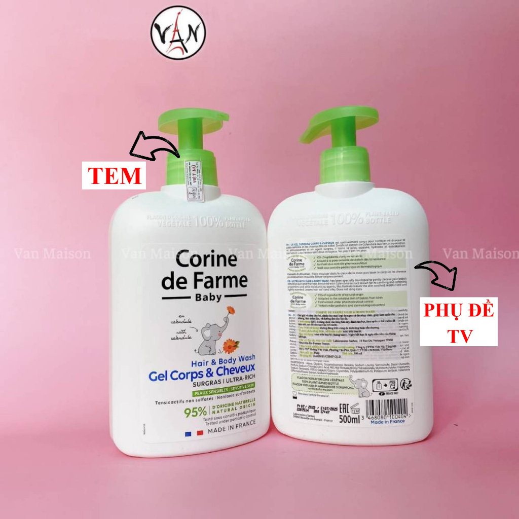Gel gội và tắm corine de farme dành cho bé da nhạy cảm kể cả bé sơ sinh 500ml