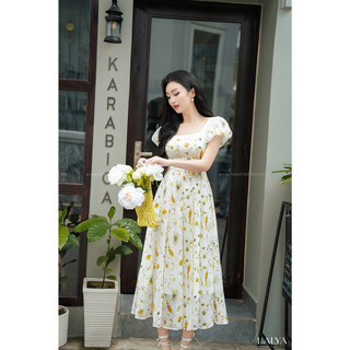 Váy hoa cổ vuông phối tơ-hoa vàng_lalya_d541