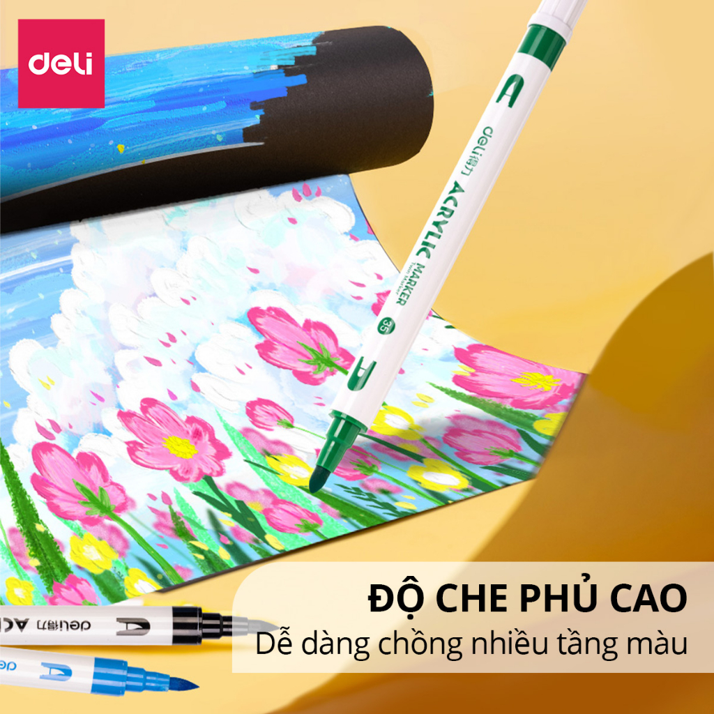 Bút Sơn Acrylic Marker 2 Đầu Cao Cấp Deli - Kèm Hộp Nhựa - 12/24/36/48 Màu Đậm, Đều - Tô Màu Đi Nét DIY Vẽ Giày Quần Áo