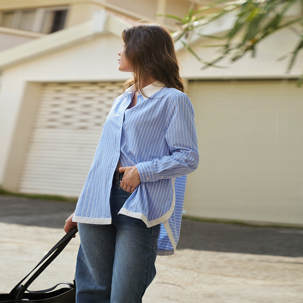 TheBlueTshirt-Áo sơ mi oversize nữ màu xanh biển-MODERN ARC OVERSIZED SHIRT - CCR BLUE STRIPE