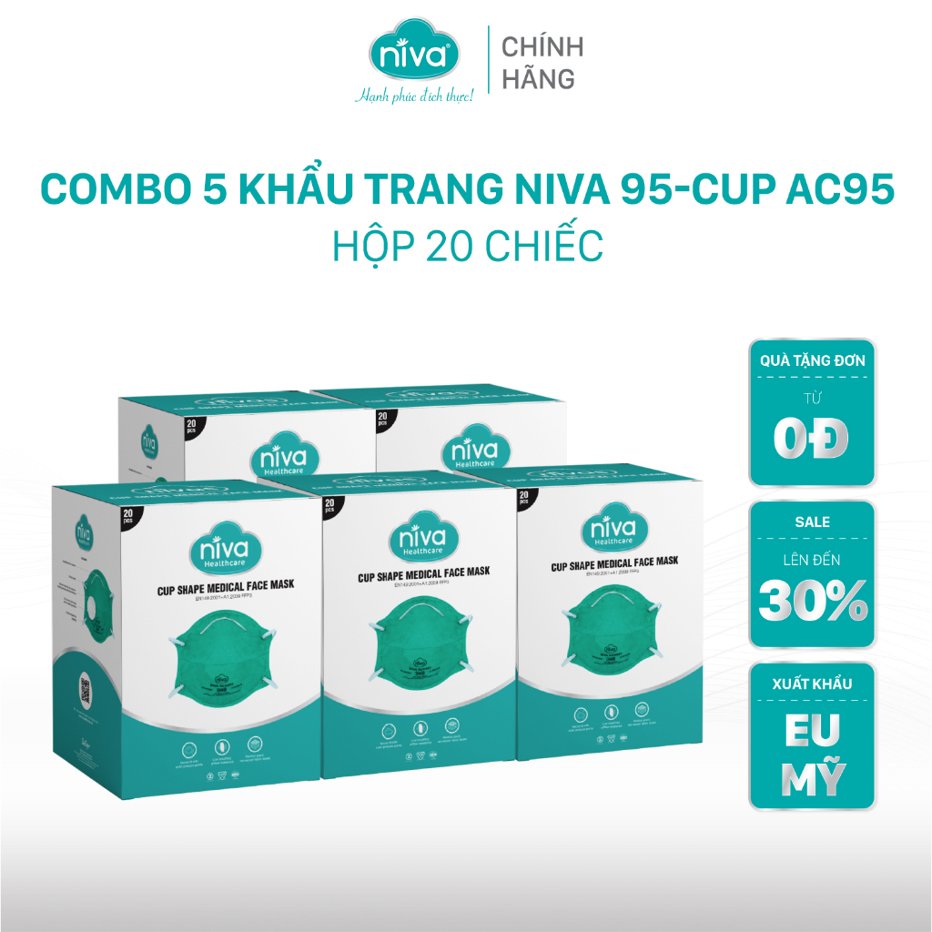 Combo 5 Khẩu Trang NIVA N95 - Cup AC95 - 20pcs Đạt Chuẩn FDA Hoa Kỳ, Hàng Chính Hãng Cao Cấp