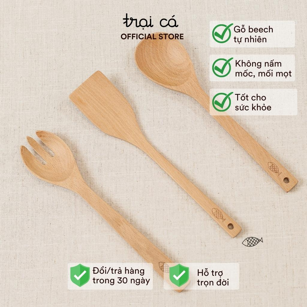 Sạn, Thìa Xào Nấu, Thìa Trộn Salad Gỗ TRẠI CÁ Dụng Cụ Nhà Bếp, Vệ Sinh, Bảo Vệ Nồi Chảo