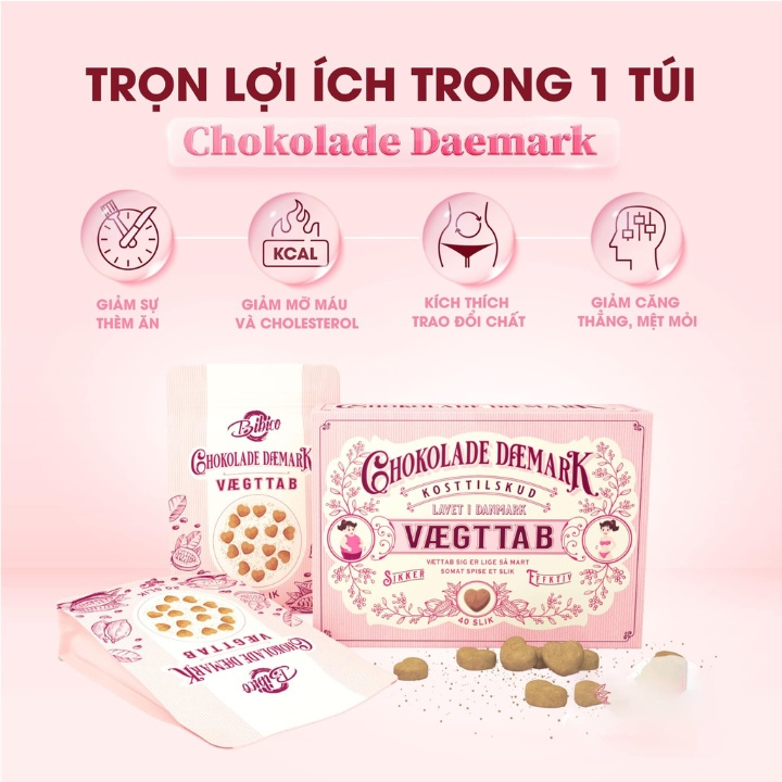 Kẹo Giảm Cân, Socola giảm cân Đan Mạch - Chokolade Veagtab 1 Gói 20 Viên, 1 Hộp 40 Viên
