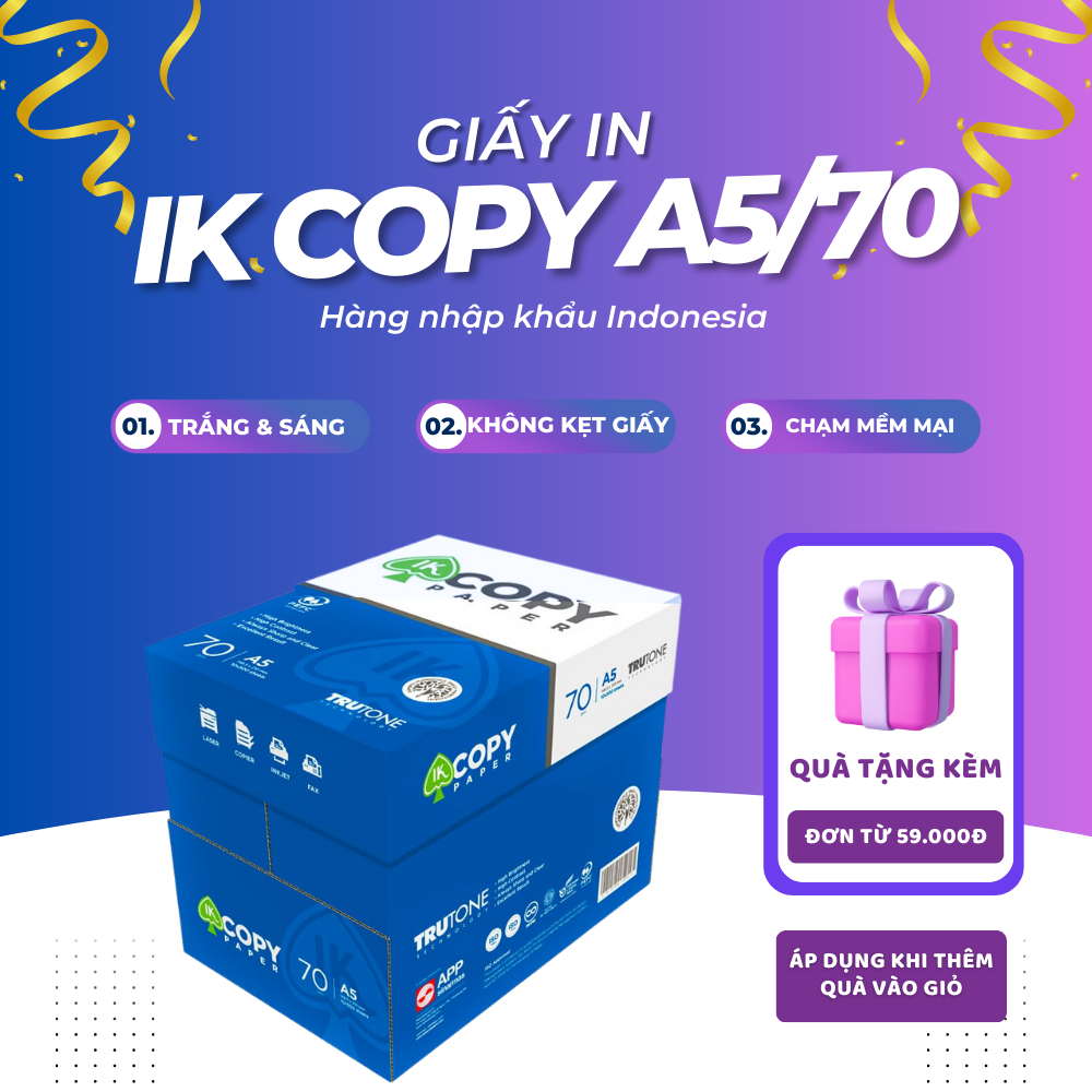 COMBO 5 Ream giấy A5 70 gsm IK Copy (500 tờ) - Hàng nhập khẩu Indonesia- Giấy in chất lượng cao
