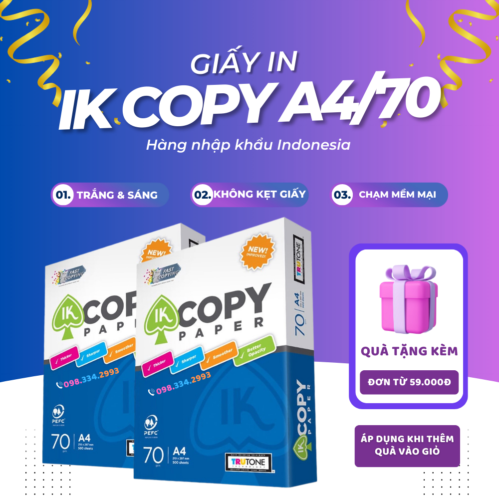 Giấy A4, giấy photo IK Copy 70gsm, COMBO 2 REAM 500 - Giấy in A4 đều màu không gợn sóng, độ dày cao, chữ in không lem