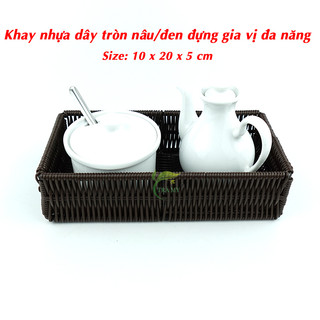 Khay Chữ Nhật Dây Nhựa Tròn Đan Giả Mây Tre Màu Nâu Đen Đựng Gia Vị Đựng Dụng Cụ Bàn Ăn Quán Ăn