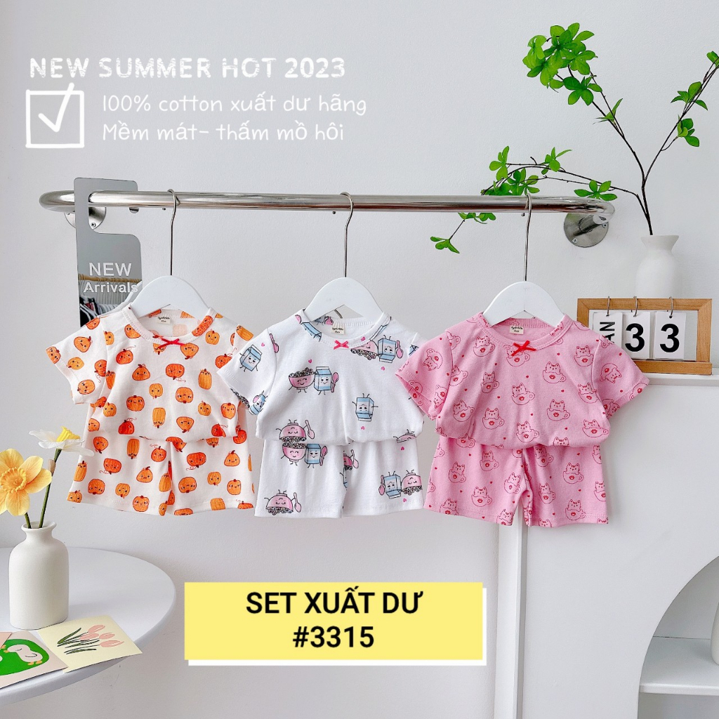 Set 3 bộ Cotton xuất dư cho bé gái- Bộ cotton cộc tay mùa hè