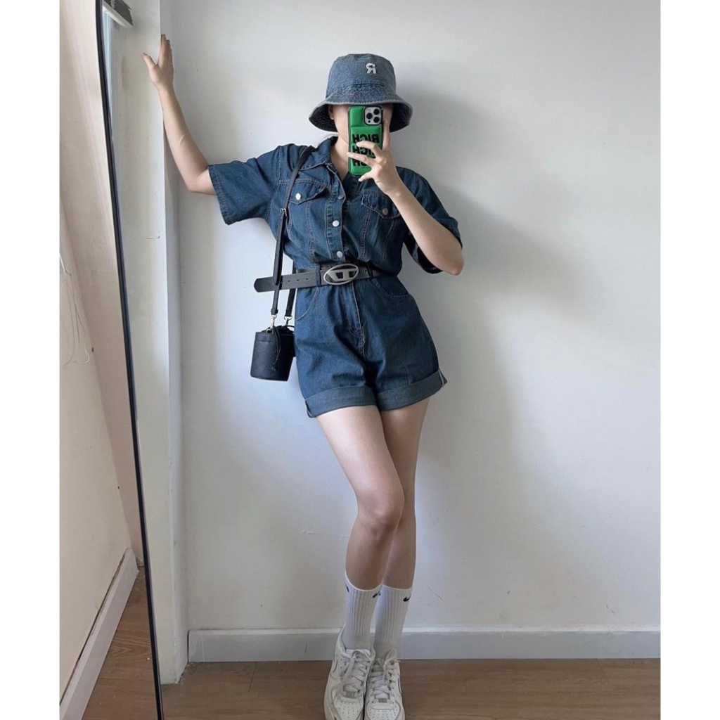 JUMPSUIT JEAN CỔ SƠ MI SHORT ĐÙI TÚI 2 BÊN