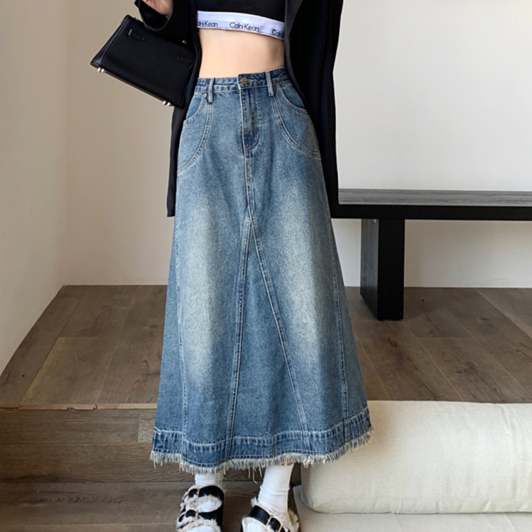 Chân Váy Nữ Jeans Dáng Dài Thiết Kế Đơn Giản Phong Cách Nhẹ Nhàng, Chân váy bò dáng dài