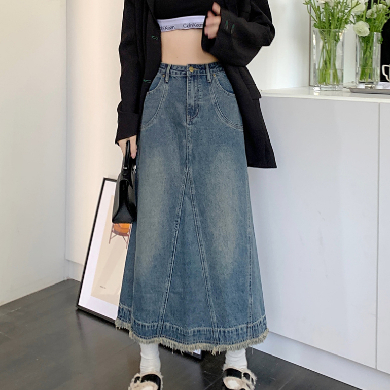 Chân Váy Nữ Jeans Dáng Dài Thiết Kế Đơn Giản Phong Cách Nhẹ Nhàng, Chân váy bò dáng dài