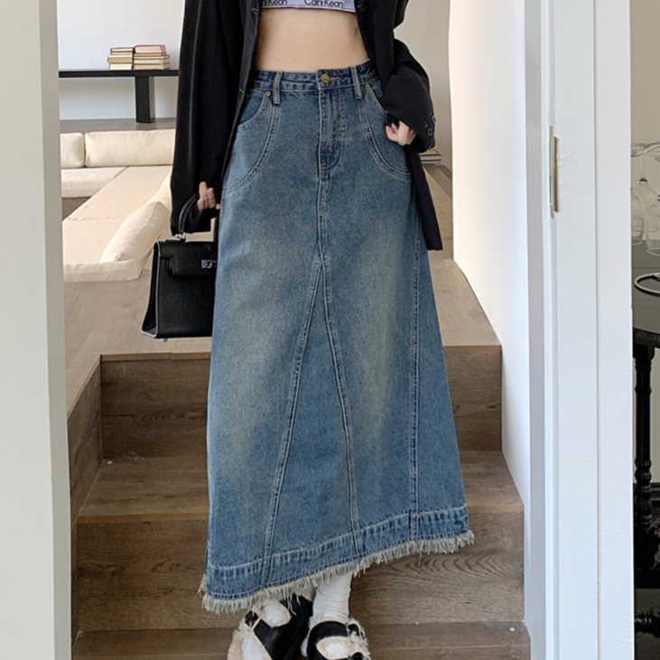 Chân Váy Nữ Jeans Dáng Dài Thiết Kế Đơn Giản Phong Cách Nhẹ Nhàng, Chân váy bò dáng dài