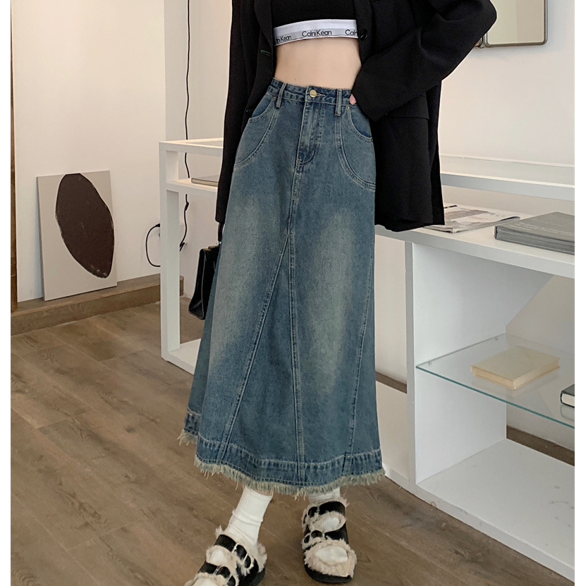 Chân Váy Nữ Jeans Dáng Dài Thiết Kế Đơn Giản Phong Cách Nhẹ Nhàng, Chân váy bò dáng dài