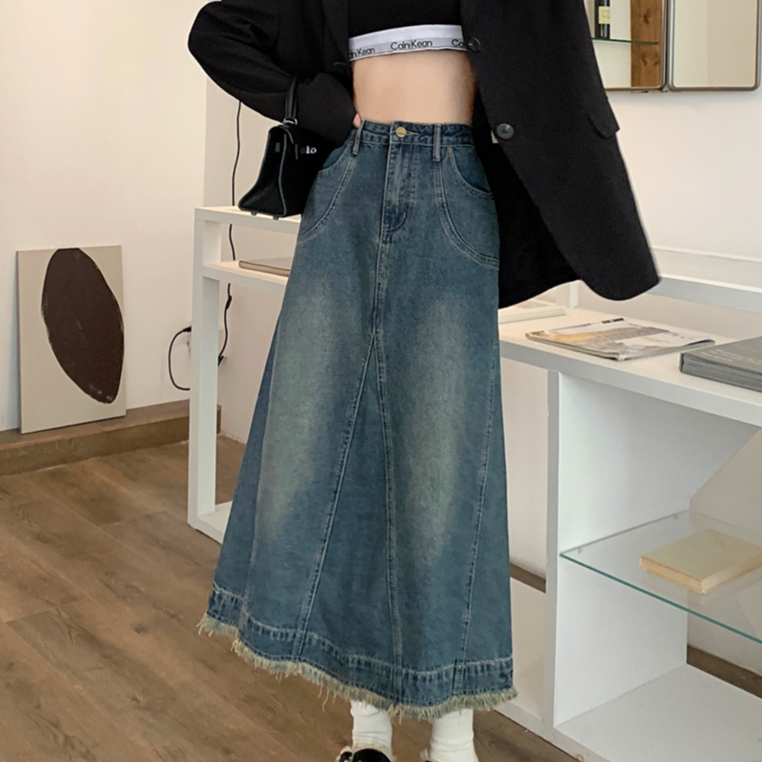 Chân Váy Nữ Jeans Dáng Dài Thiết Kế Đơn Giản Phong Cách Nhẹ Nhàng, Chân váy bò dáng dài