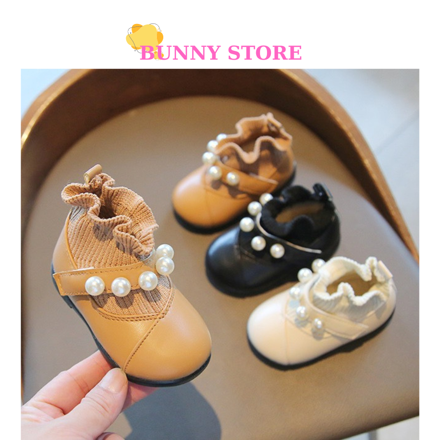 Giày tập đi bé gái len đính ngọc Bunny Store, giày búp bê bé gái phù hợp từ 8 tháng đến 2 tuổi chống trượt GTD17