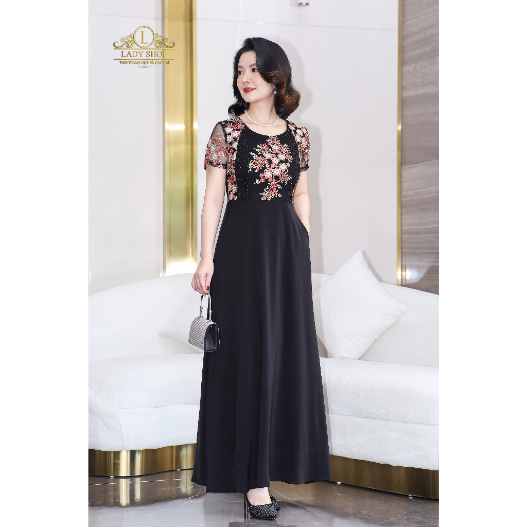 Đầm Maxi ren phối lụa nhật kết đá Ladyshop thời trang trung niên cao cấp T171