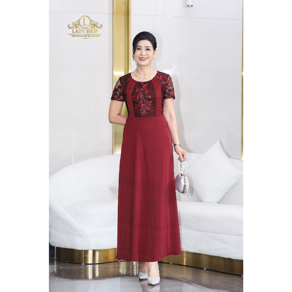 Đầm Maxi ren phối lụa nhật kết đá Ladyshop thời trang trung niên cao cấp T171