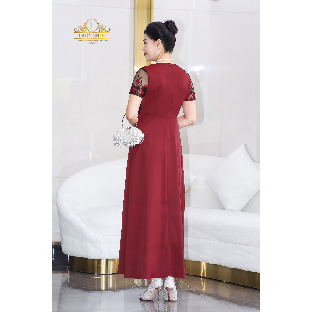 Đầm Maxi ren phối lụa nhật kết đá Ladyshop thời trang trung niên cao cấp T171