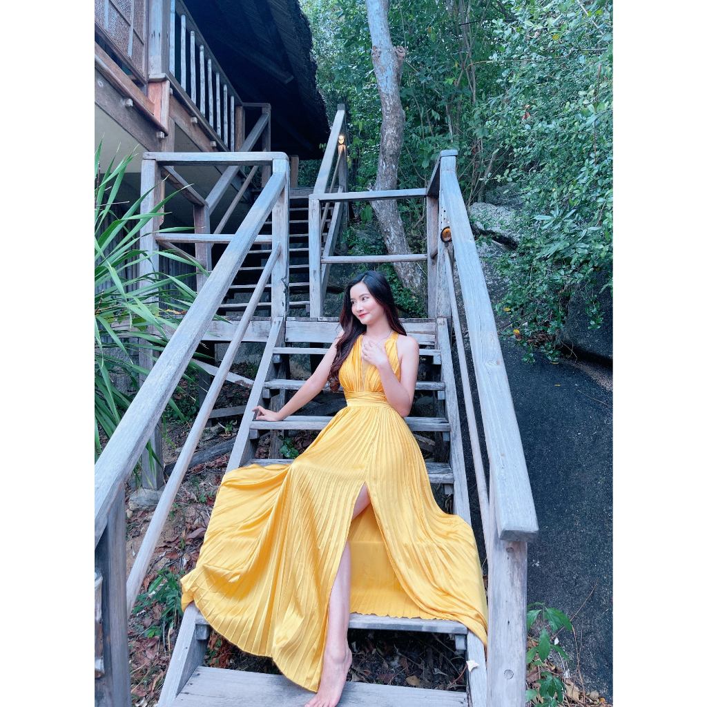 BỐNG MAXI SHOP - DM160 - Đầm Maxi lụa dập li xẻ ngực và chân