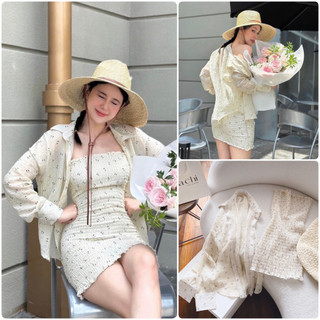 Set đầm ống hoa nhún chỉ kèm khoác sơ mi