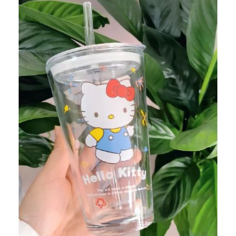 Cốc kitty có nắp kèm ống hút CTT59 ly chia vạch thủy tinh dễ thương 350ml