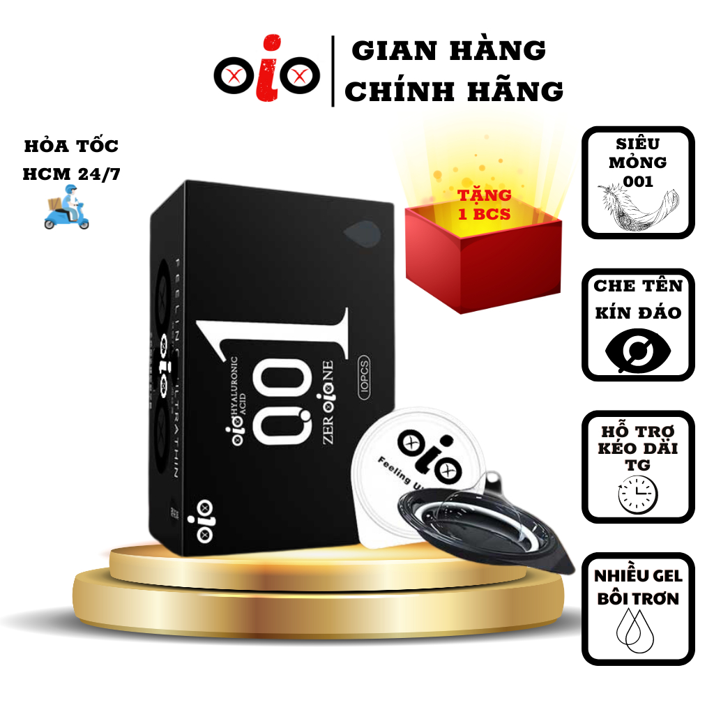 Bao cao su OiO siêu mỏng 001 nhiều gel bôi trơn gốc nước HA, bcs hỗ trợ kéo dài thời gian chống xuất tinh sớm Hộp 10c