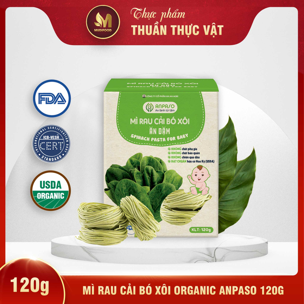Mì Rau Cải Bó Xôi Organic Anpaso Ăn Dặm Cho Bé Từ 6 Tháng Tuổi, Hỗ Trợ Tiêu Hóa, Tăng Sức Đề Kháng
