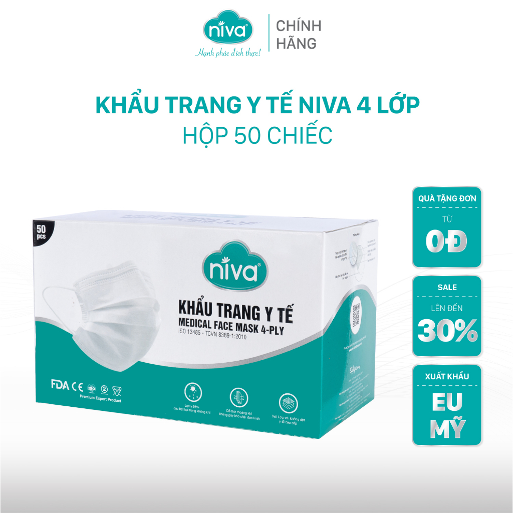 Khẩu Trang Y Tế 4 Lớp NIVA Hộp 50 Cái Kháng Khuẩn, Ngăn Khói Bụi, Vi Khuẩn Hàng Chính Hãng Cao Cấp