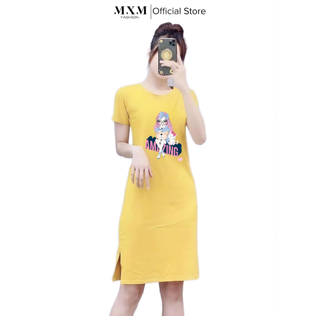 Đầm nữ dáng suông xẻ tà MXM in hình cô gái dễ thương thun cotton 4 chiều mã D100