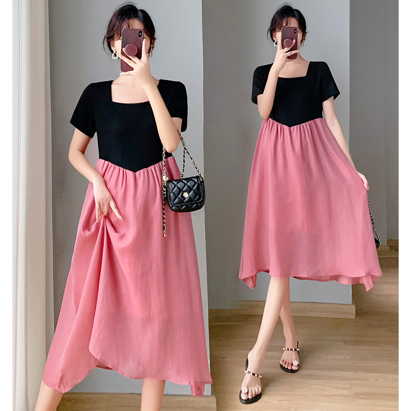 Young Mom | Đầm bầu HQV742 váy form xòe, 2 màu đen hồng cách điệu mùa hè mát mẻ, hàng nhập Quảng Châu