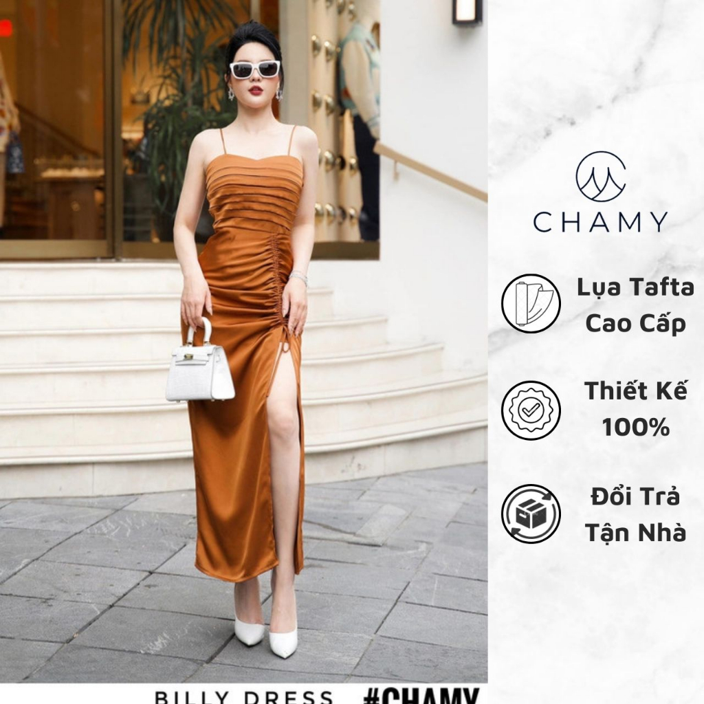Đầm Nữ 𝐂𝐇𝐀𝐌𝐘 Billy Thiết Kế Xếp Li Ngực Phối Xẻ Tà Quyến Rũ Chất Lụa Tafta Pháp Cao Cấp