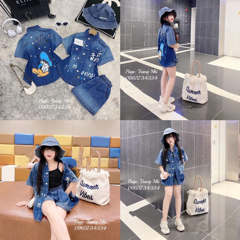 Sét bộ jeans vẩy sơn in hình vịt donald sang chảnh cá tính cho bé yêu size đại 19- 45kg