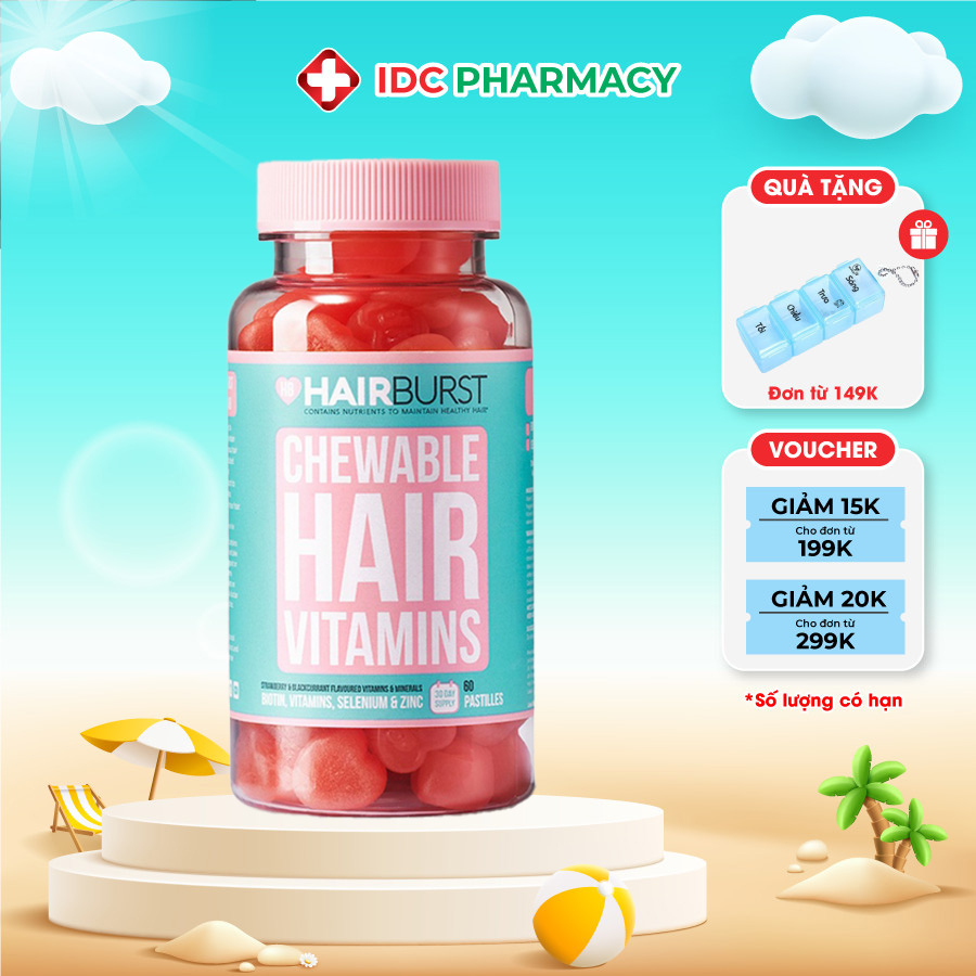 Kẹo dẻo HAIRBURST chăm sóc, kích thích mọc tóc HAIRBURST chewable hair vitamins 60 viên/1 lọ