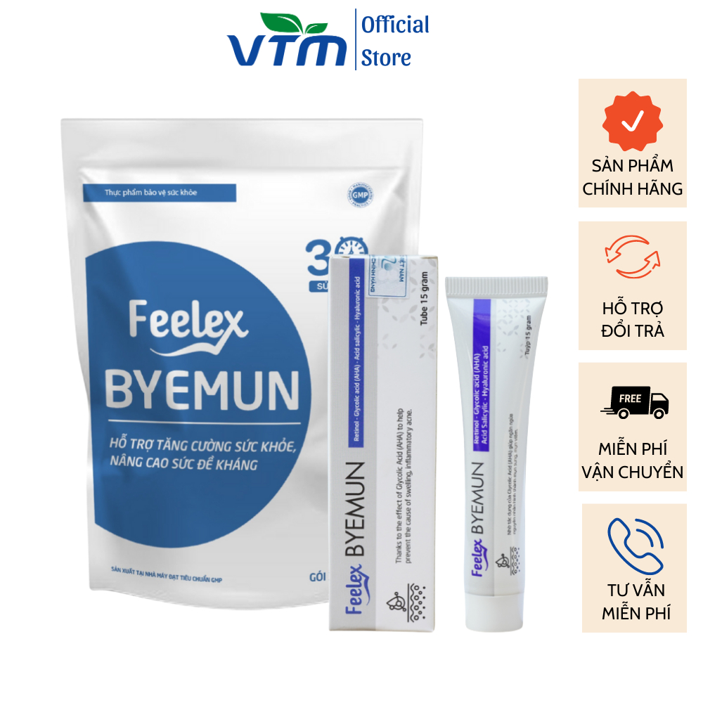 Combo Giảm Mụn, Mờ Thâm, Điều Tiết Bã Nhờn Viên Uống Feelex Byemun Và Kem Gel Bôi Mụn Feelex Byemun